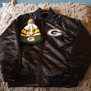 A Green Bay Packers jacket with beenie.